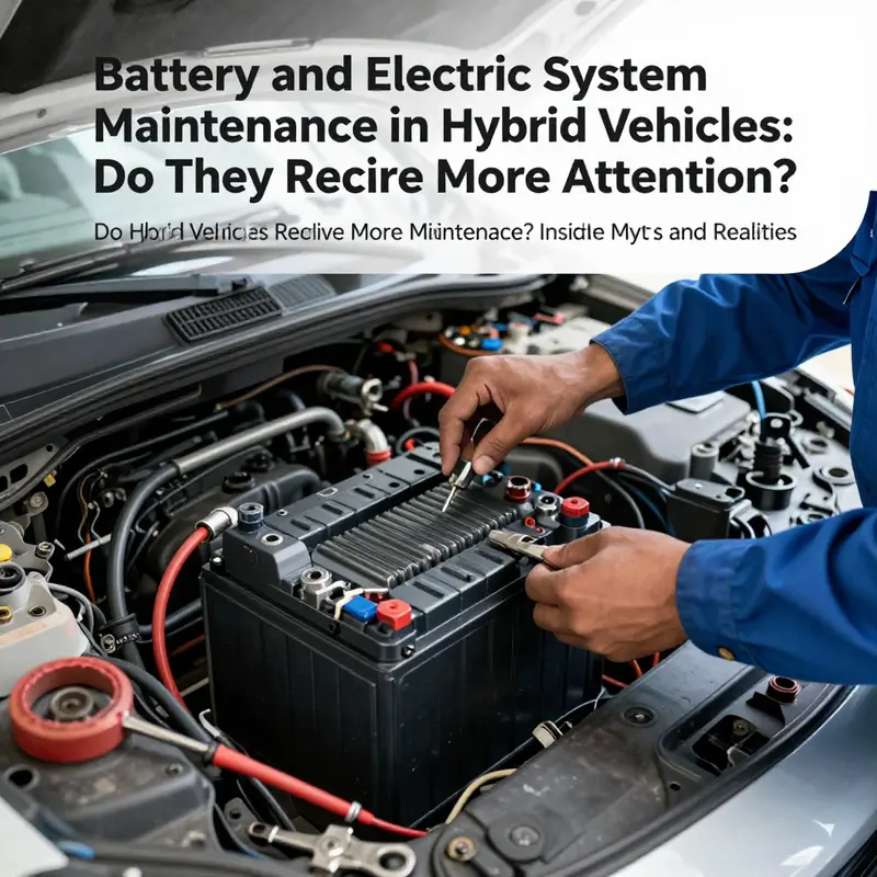 Technician performing maintenance on the battery system of a hybrid vehicle, emphasizing the importance of battery care.