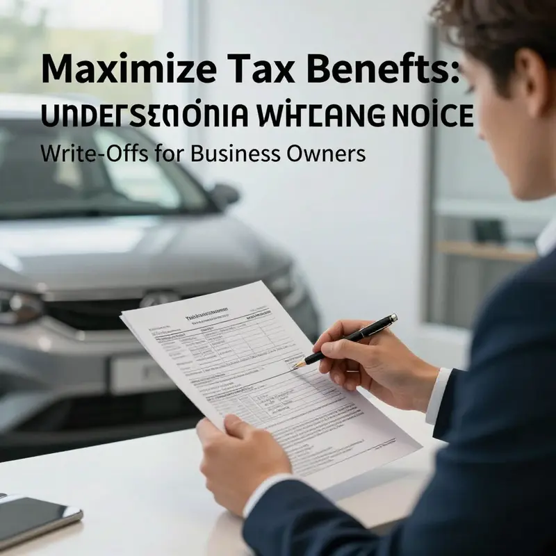 A business owner in an office reviewing tax documents related to vehicle expenses.