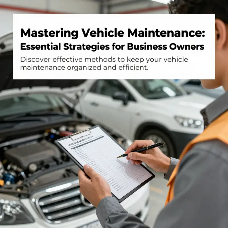 A business owner actively managing vehicle maintenance records with vehicles parked in the background.