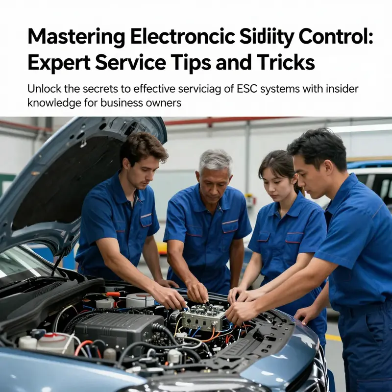 A group of automotive technicians discussing and working on electronic stability control systems within a busy garage.