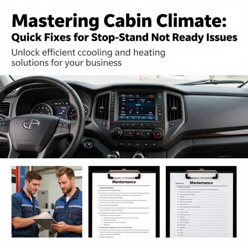 A collage showcasing various aspects of managing Stop-Start Not Ready issues in vehicle cabin climate.