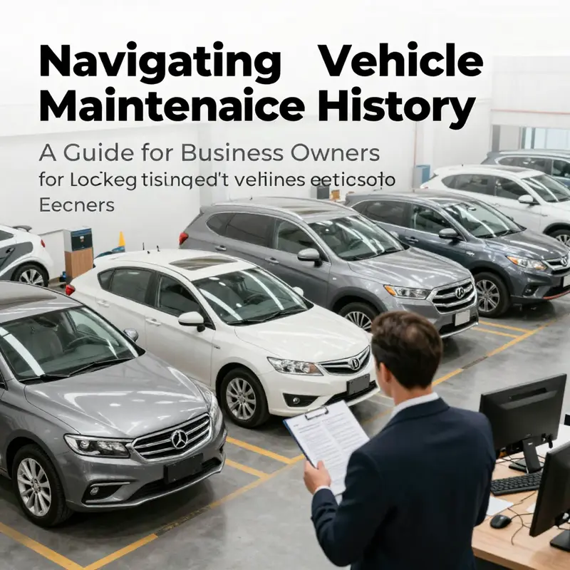 A business owner considering vehicle maintenance histories with various fleet vehicles in the background.