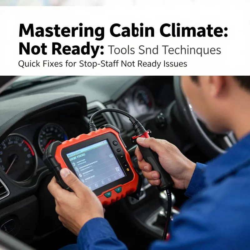 An alert panel indicating the Stop-Start Not Ready status while displaying cabin temperature settings.