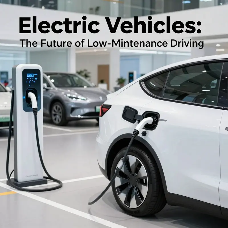 An image depicting a business environment with electric vehicles charging, symbolizing the future of low-maintenance driving.