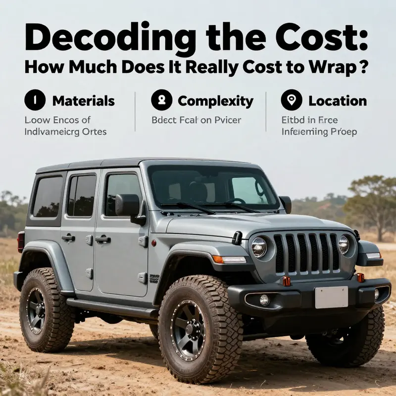 Key factors influencing the cost to wrap a Jeep, showcasing materials, design complexity, and service location.