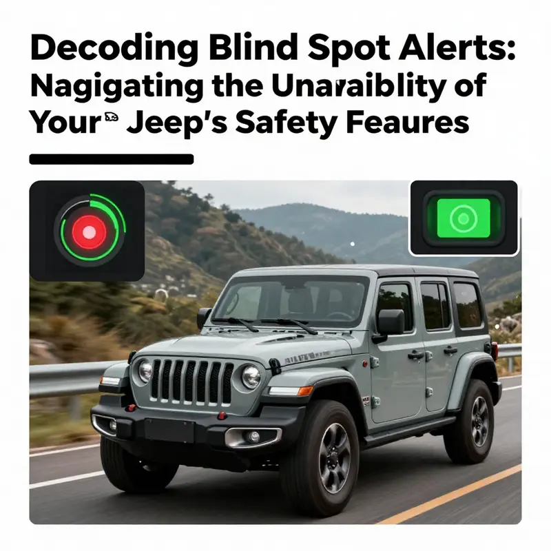 A Jeep driving on a beautiful road with emphasis on its advanced blind spot monitoring features for enhanced safety.