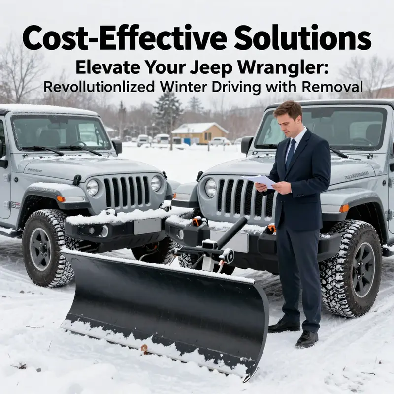 A Jeep Wrangler effectively clearing snow with a plow, demonstrating its powerful capabilities in winter environments.