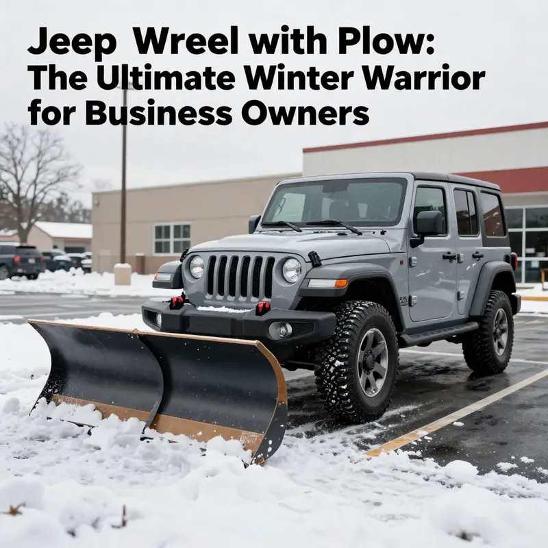 A Jeep Wrangler using a plow to clear snow from a parking lot, demonstrating its capabilities as a winter warrior.