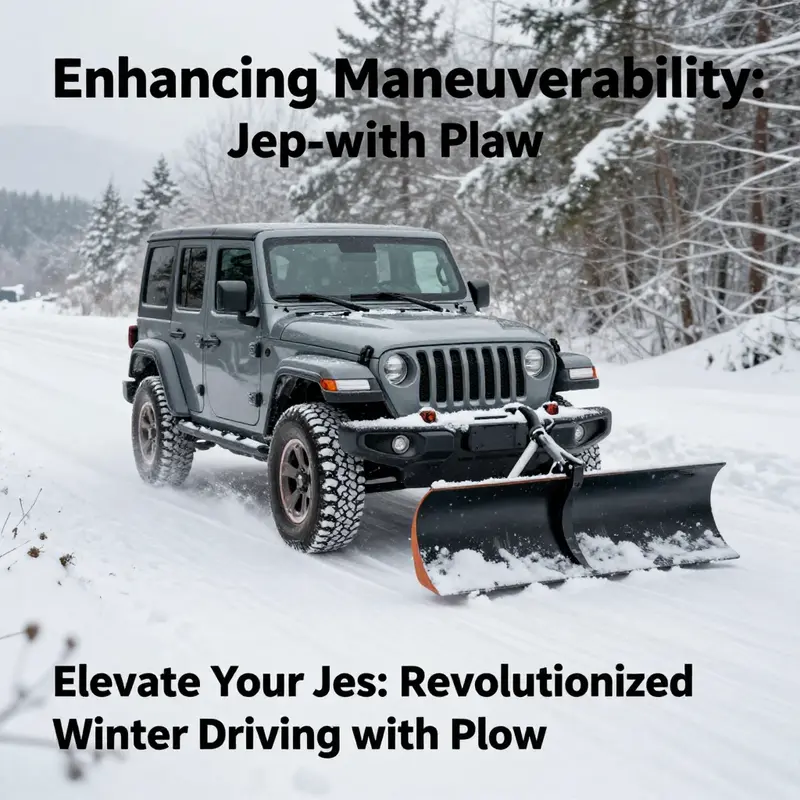 A Jeep Wrangler effectively clearing snow with a plow, demonstrating its powerful capabilities in winter environments.