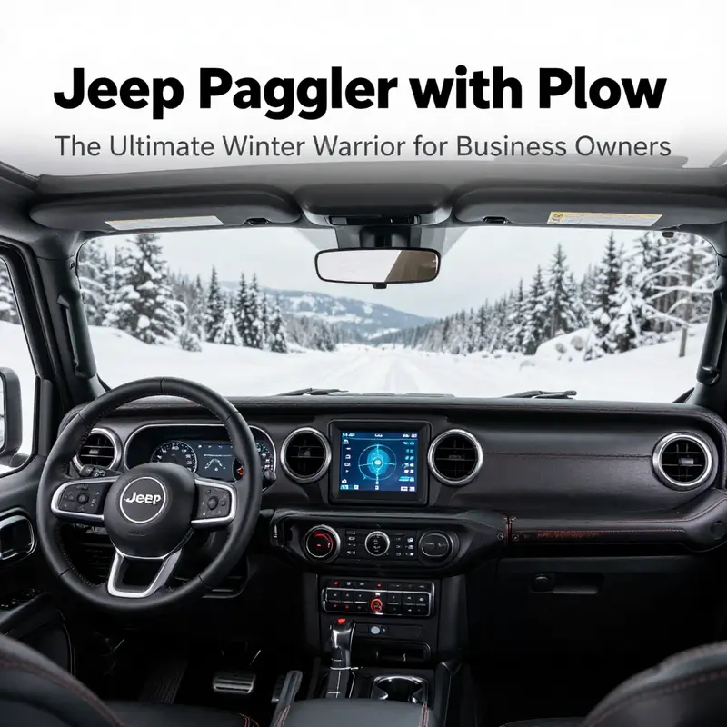 Customized Jeep Wrangler ready for winter with a snow plow attachment.