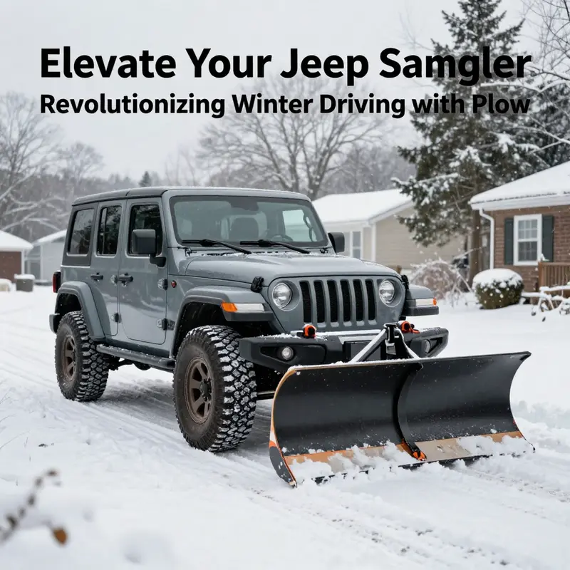 A Jeep Wrangler effectively clearing snow with a plow, demonstrating its powerful capabilities in winter environments.