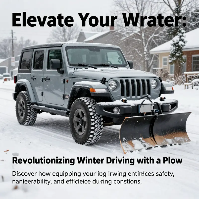 A Jeep Wrangler equipped with a snow plow actively clearing a street covered in snow, showcasing its winter capabilities.