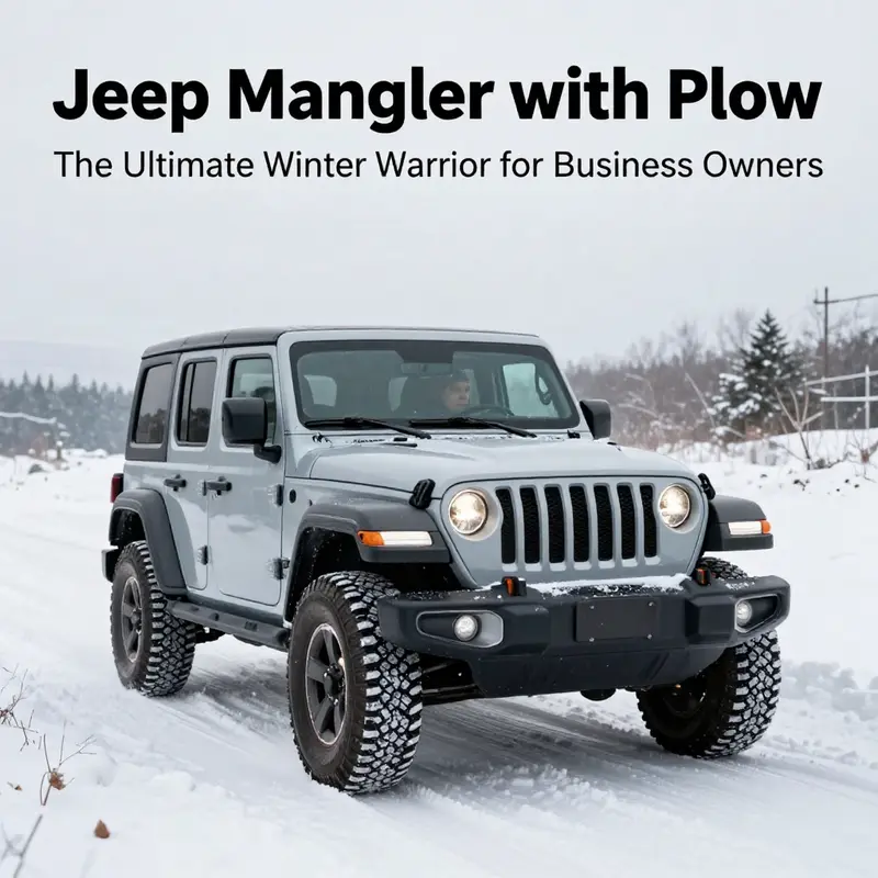 Customized Jeep Wrangler ready for winter with a snow plow attachment.