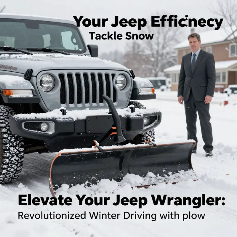 A Jeep Wrangler effectively clearing snow with a plow, demonstrating its powerful capabilities in winter environments.