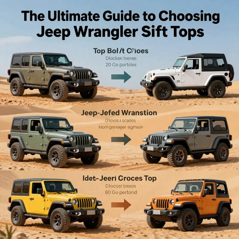Key features of a Jeep Wrangler soft top highlighted against a stunning outdoor backdrop.