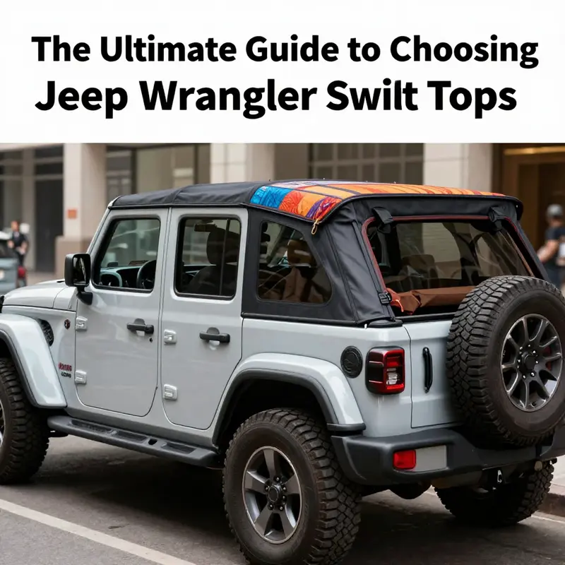Key features of a Jeep Wrangler soft top highlighted against a stunning outdoor backdrop.