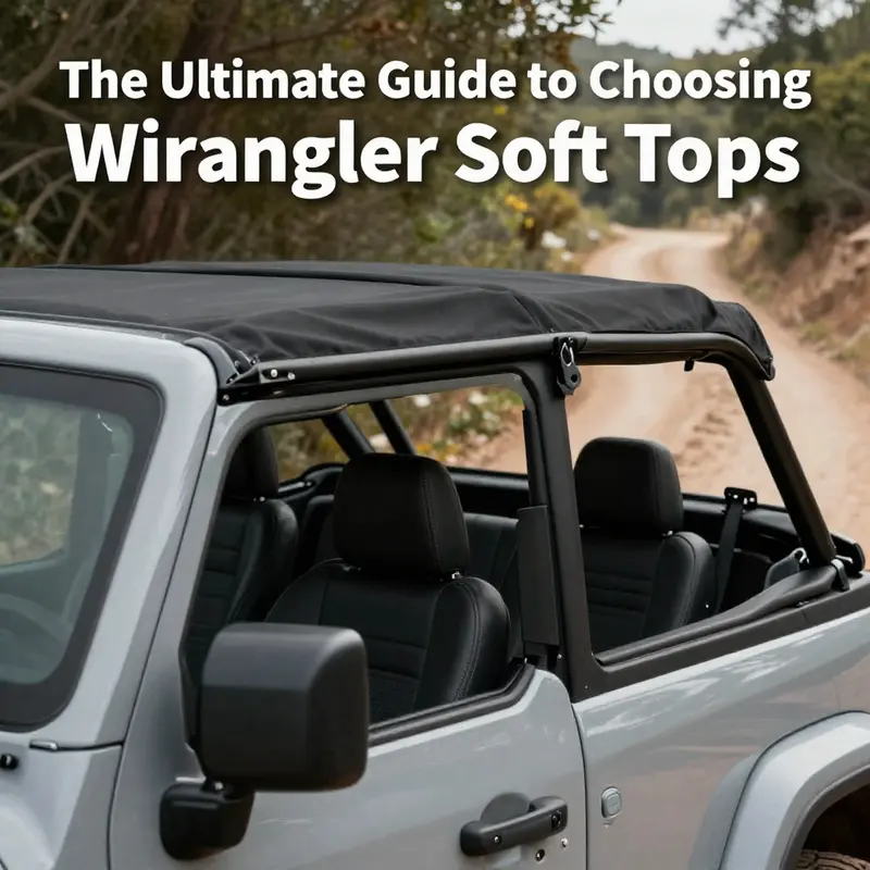 Key features of a Jeep Wrangler soft top highlighted against a stunning outdoor backdrop.