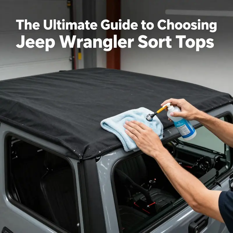 Key features of a Jeep Wrangler soft top highlighted against a stunning outdoor backdrop.