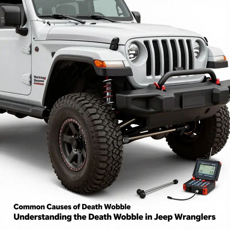 Detailed view of suspension components in a Jeep Wrangler that can contribute to death wobble.