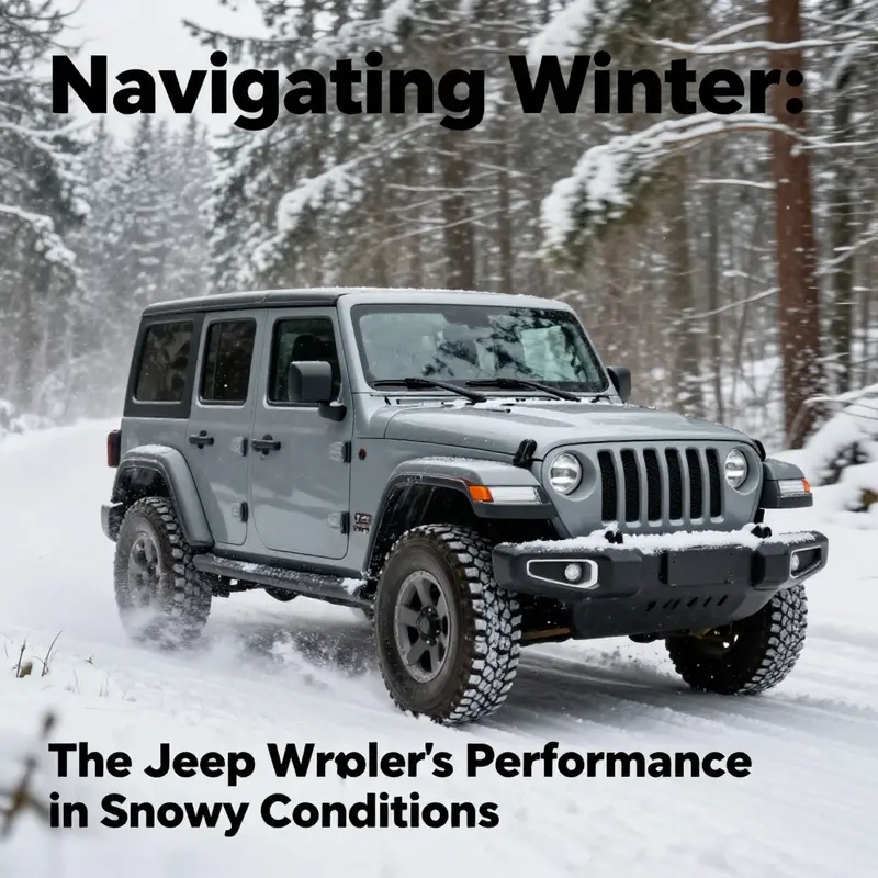 A Jeep Wrangler maneuvering in a snowy forest environment, exhibiting its prowess in winter driving.