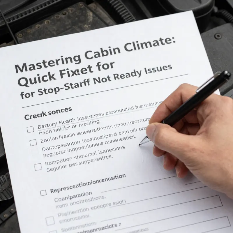An alert panel indicating the Stop-Start Not Ready status while displaying cabin temperature settings.