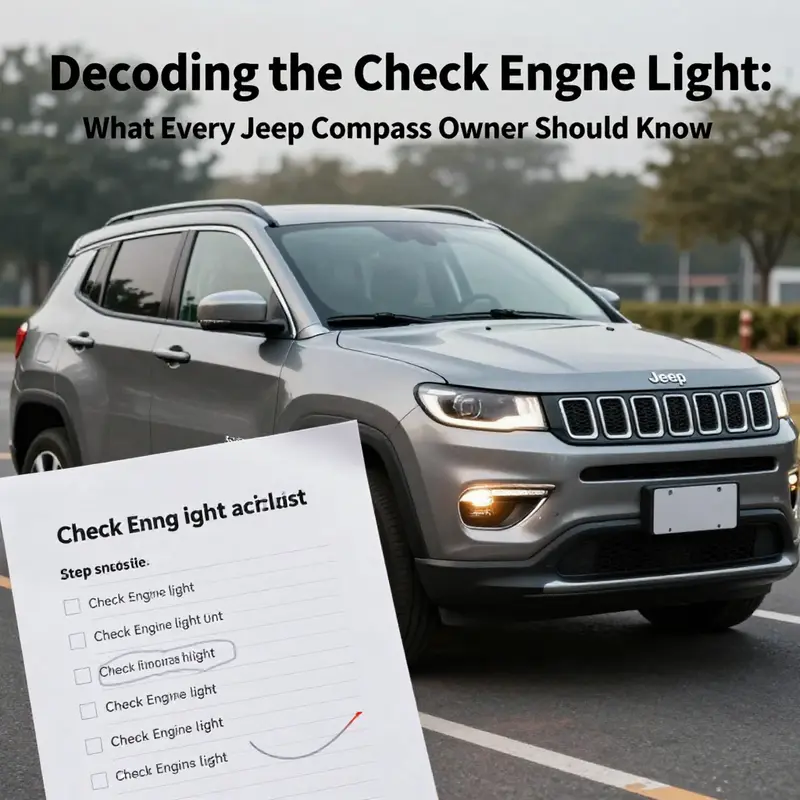 Warning indicator of Check Engine light on Jeep Compass dashboard.