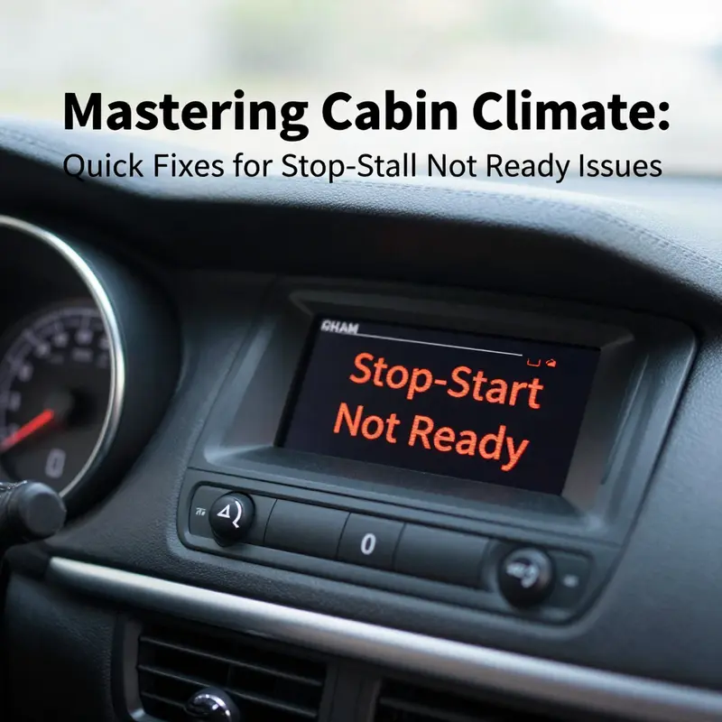 An alert panel indicating the Stop-Start Not Ready status while displaying cabin temperature settings.