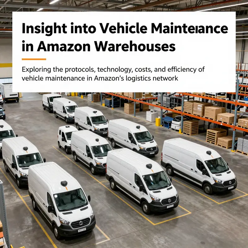 Wide shot of an Amazon warehouse featuring delivery vans in maintenance bays and operational areas.