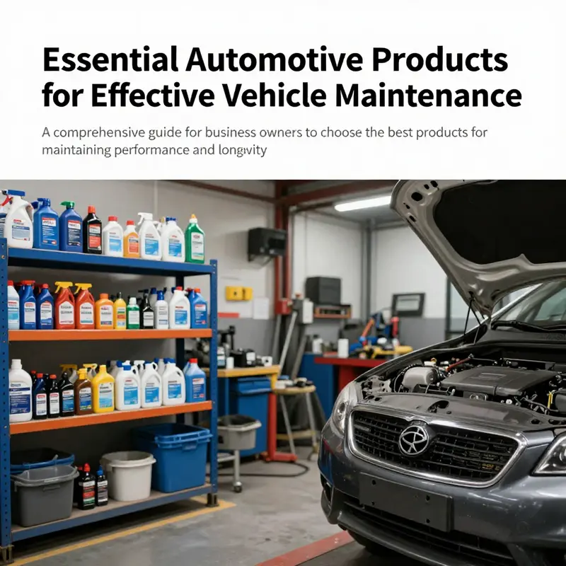 A bright and organized automotive workshop showcasing various products essential for vehicle maintenance.
