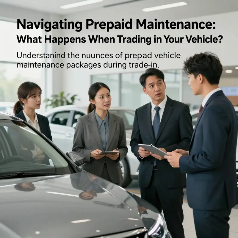 A scene depicting business owners considering the implications of prepaid maintenance during vehicle trade-ins.