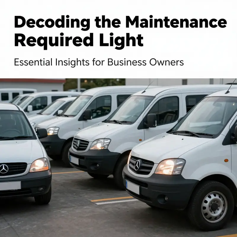 A fleet of business vehicles with one showing an illuminated Maintenance Required light, symbolizing the need for vehicle upkeep.