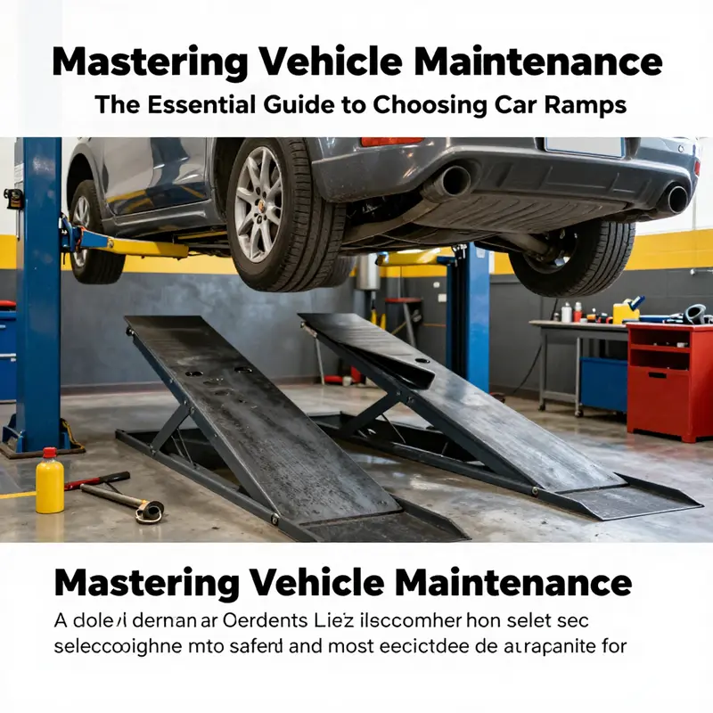 A workshop scene depicting a mechanic working safely on a vehicle using car ramps for maintenance.