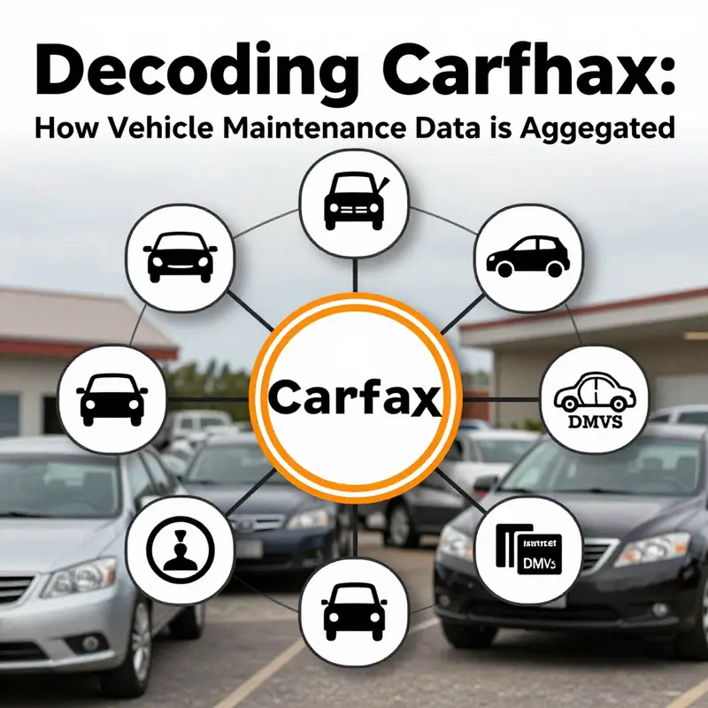 Illustration of Carfax logo surrounded by icons representing its various data sources, highlighting the integration of vehicle maintenance records.