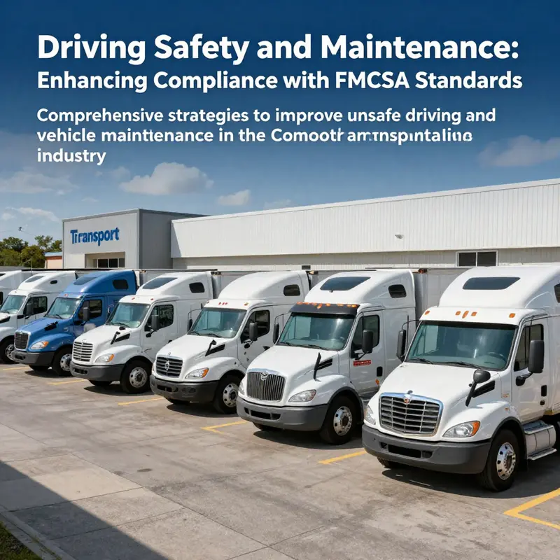 A fleet of commercial trucks parked in front of a transport company, showcasing commitment to safety in operations.