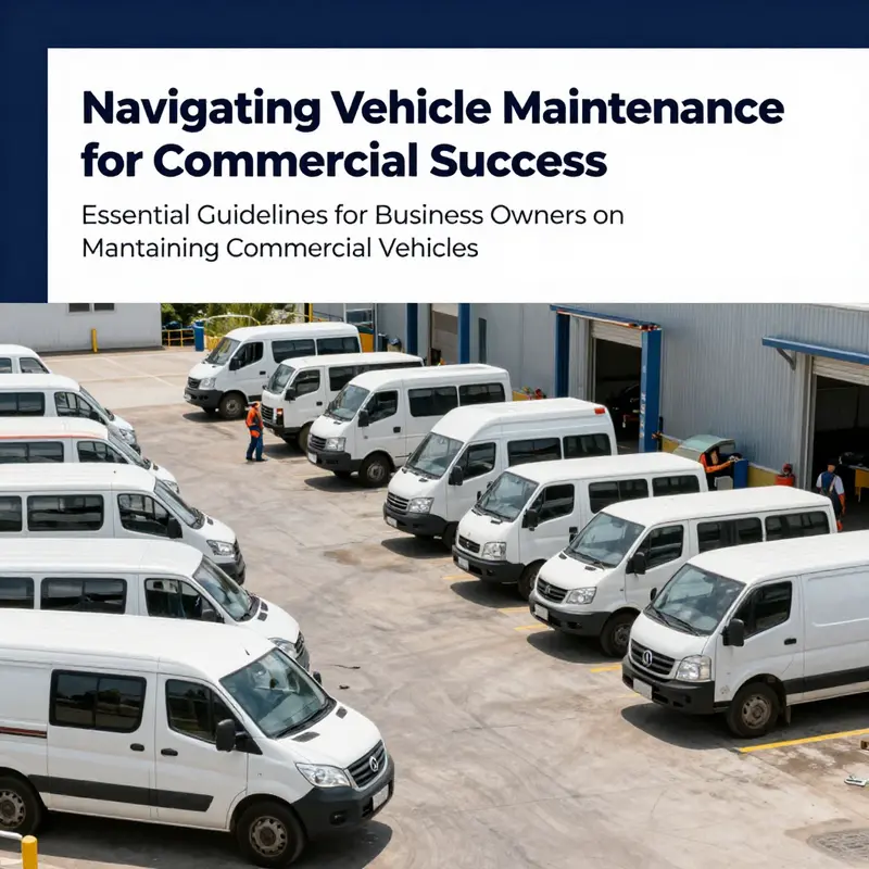 A range of commercial vehicles in a service yard, with mechanics performing maintenance work.