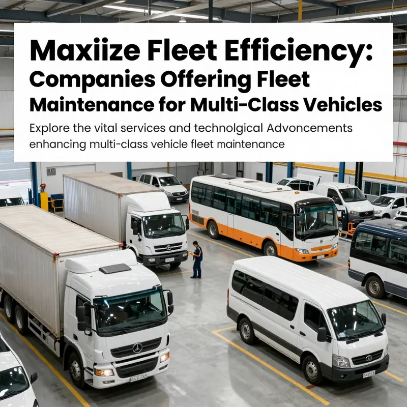 A fleet maintenance facility with multiple vehicle types being serviced, highlighting maintenance services for diverse fleets.