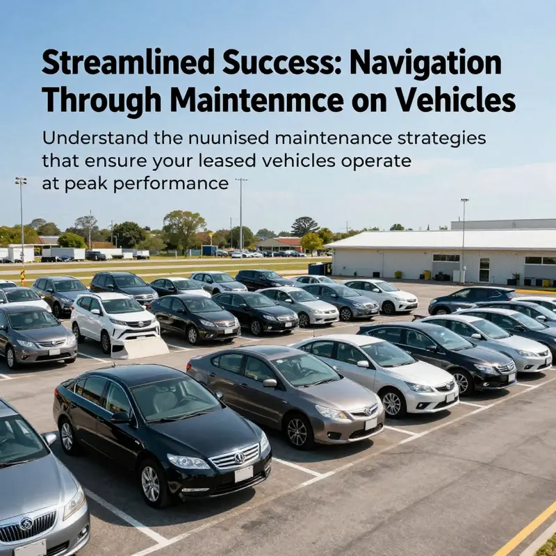 A lineup of diverse leased vehicles parked in a maintenance facility, representing the importance of proper vehicle upkeep.
