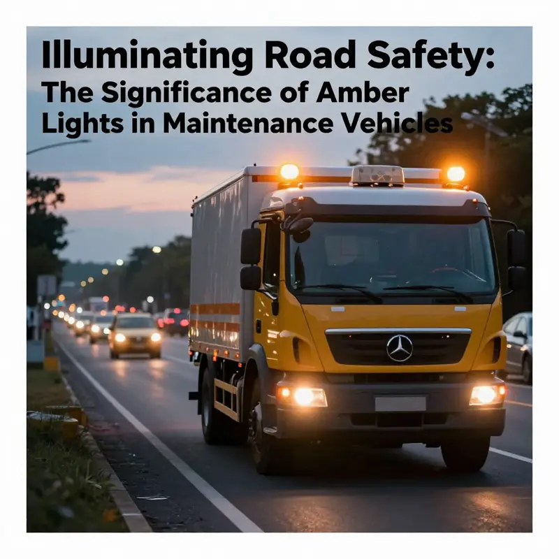 A maintenance vehicle on a road with amber lights glowing in the evening, conveying safety for drivers and pedestrians.
