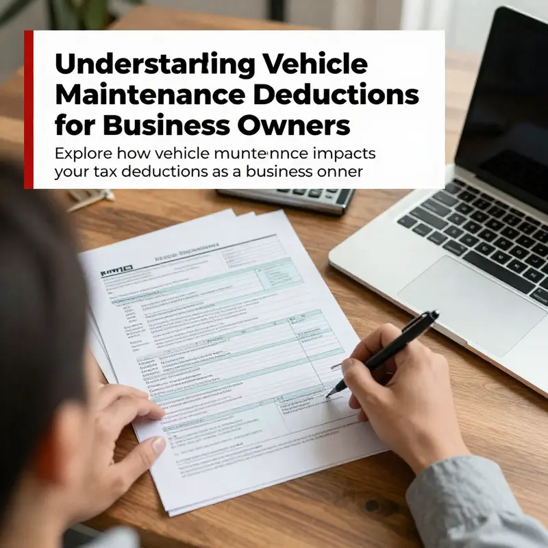 An office space illustrating a business owner managing vehicle maintenance taxes with documents and a laptop.