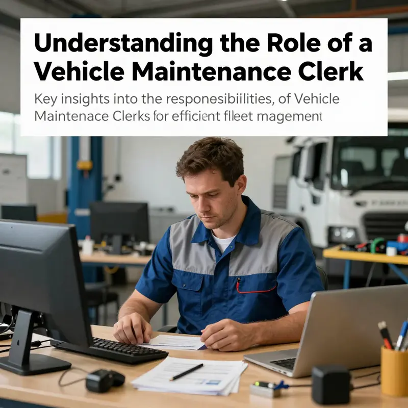 A Vehicle Maintenance Clerk working diligently in an office filled with vehicle maintenance tools.