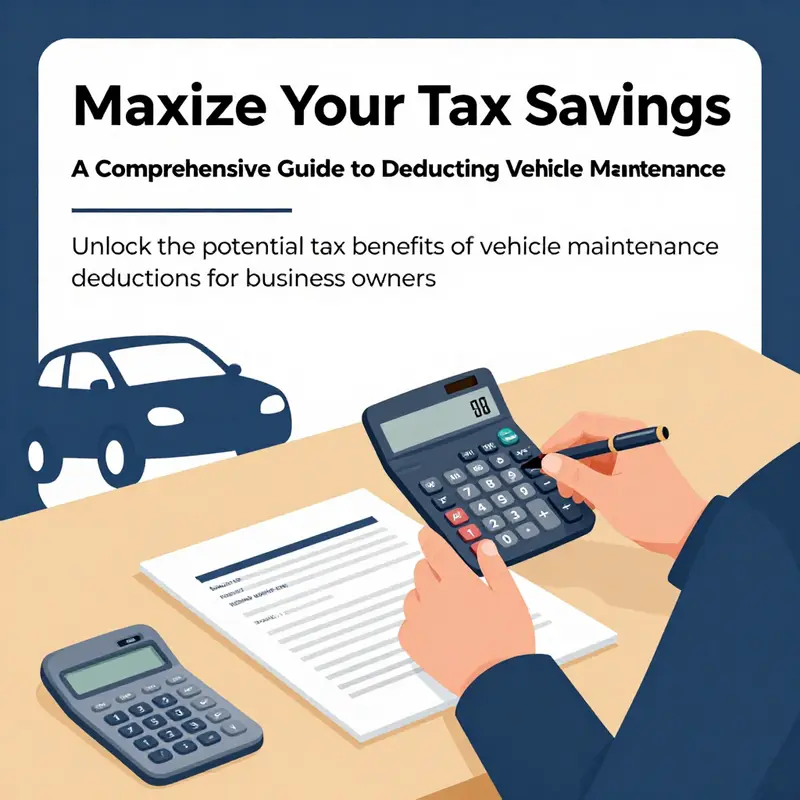 An illustration of a business owner analyzing vehicle maintenance deductions using documents and a calculator.