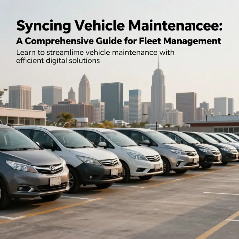 An organized fleet of various vehicles positioned in front of a city skyline, symbolizing the importance of vehicle maintenance and fleet management.