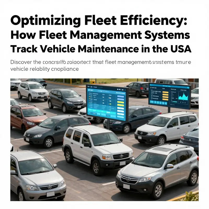 An illustration showing a fleet of vehicles with graphics demonstrating real-time tracking and maintenance data.
