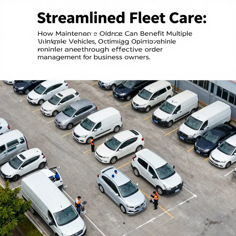 An organized fleet maintenance yard with technicians working on several vehicles simultaneously.