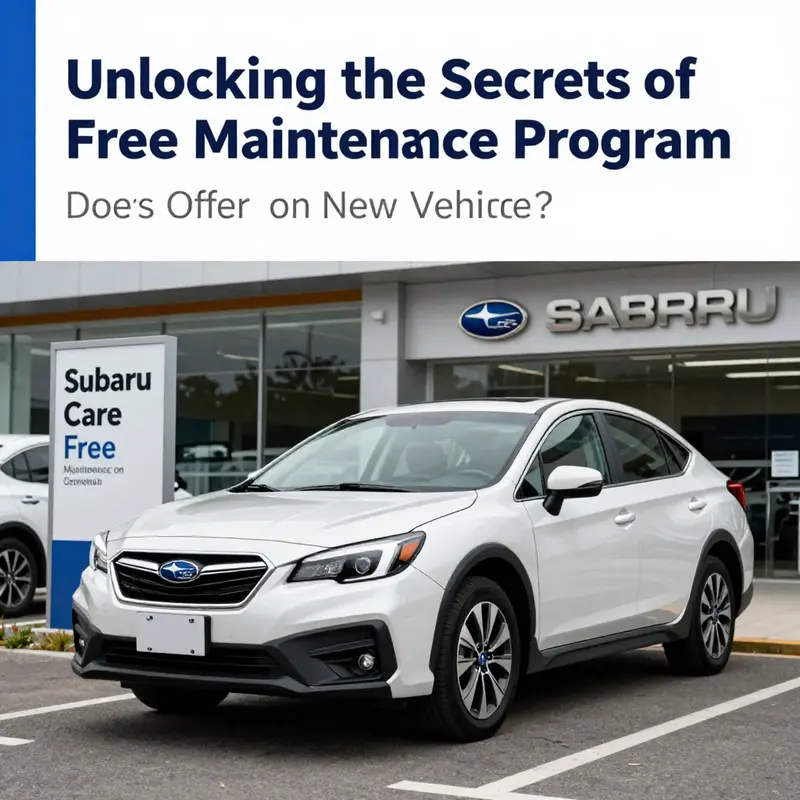A new Subaru with a promotional sign for its free maintenance program, encapsulating the ease of ownership.