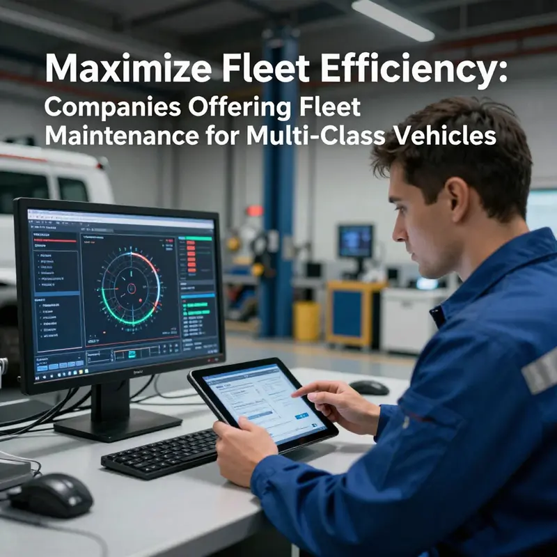 Diverse vehicles undergoing maintenance in a well-equipped service yard, highlighting the various fleet maintenance services available.