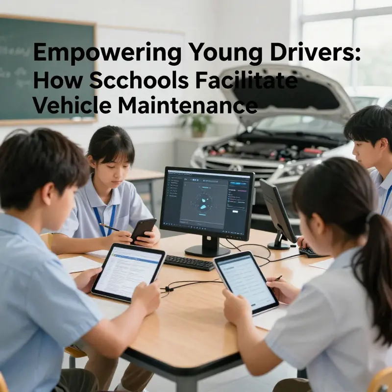 Students learning about vehicle safety and maintenance during a driver education class.