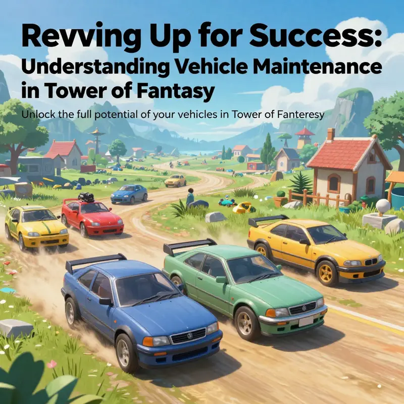 Artistic depiction of diverse vehicles navigating through the colorful landscape of Tower of Fantasy.