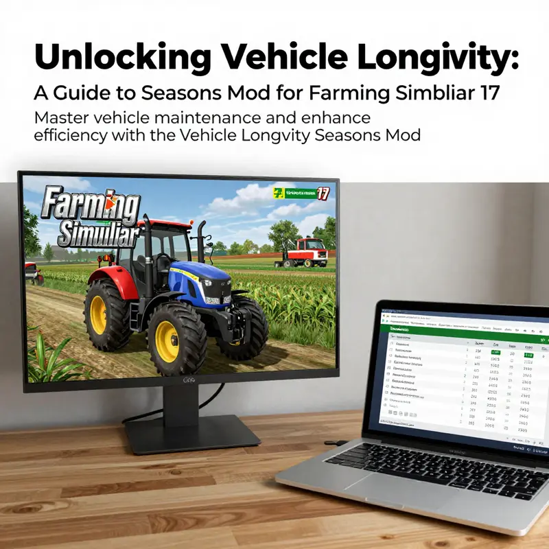 Gaming setup featuring Farming Simulator 17 with a focus on vehicle longevity management.