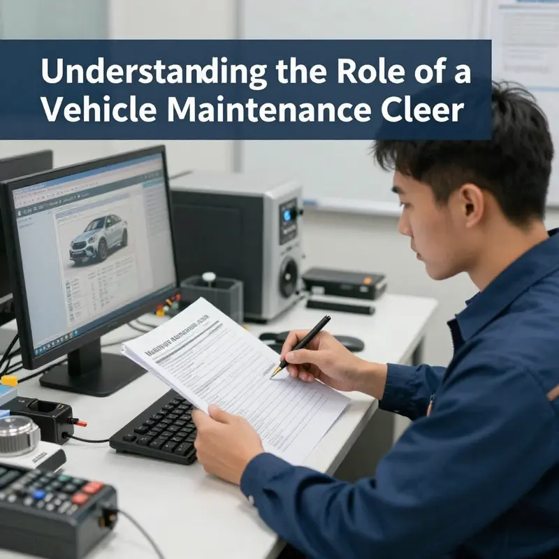 An illustration of a Vehicle Maintenance Clerk engaged in essential record-keeping tasks.